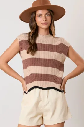 Brown and Taupe Viscose Stripe Contrast Scallop Hem Line Sweater Vest