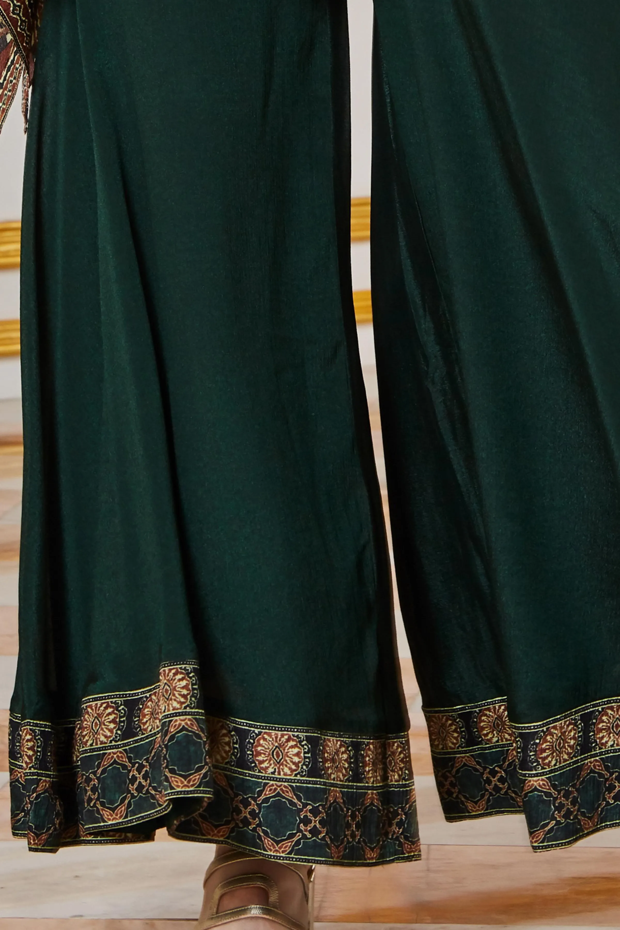 Brown with Bottle Green Kaftan Styled Printed Top with Palazzo Pants