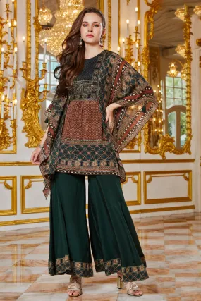 Brown with Bottle Green Kaftan Styled Printed Top with Palazzo Pants