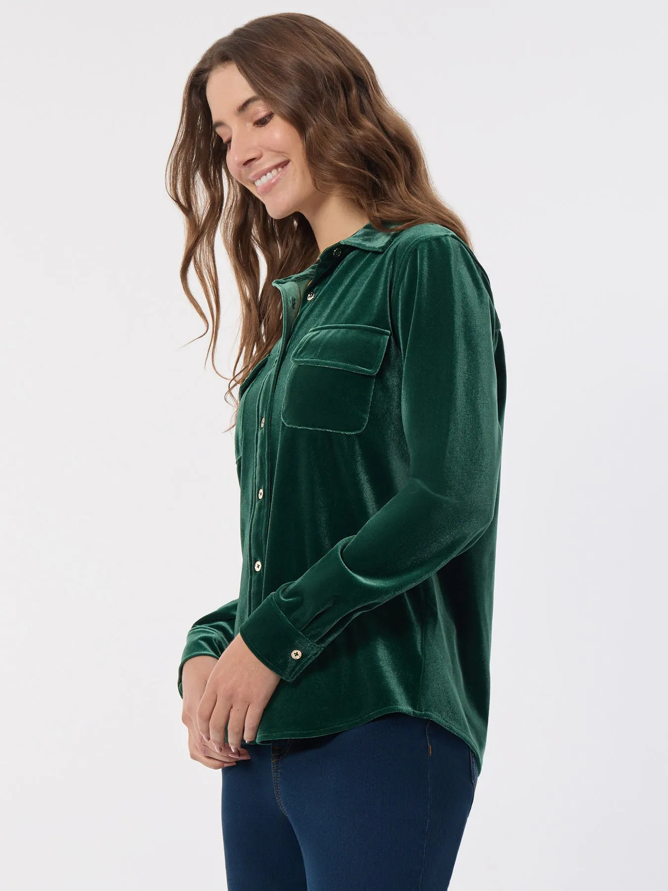 Button-Front Velour Utility Shirt