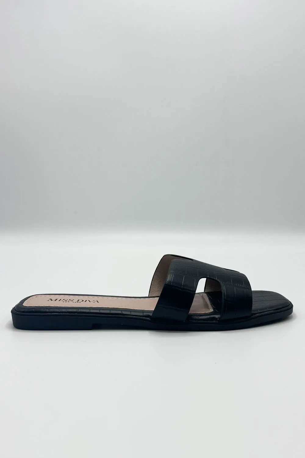 California Faux Leather Open Toe Flat Slider in Black Croc