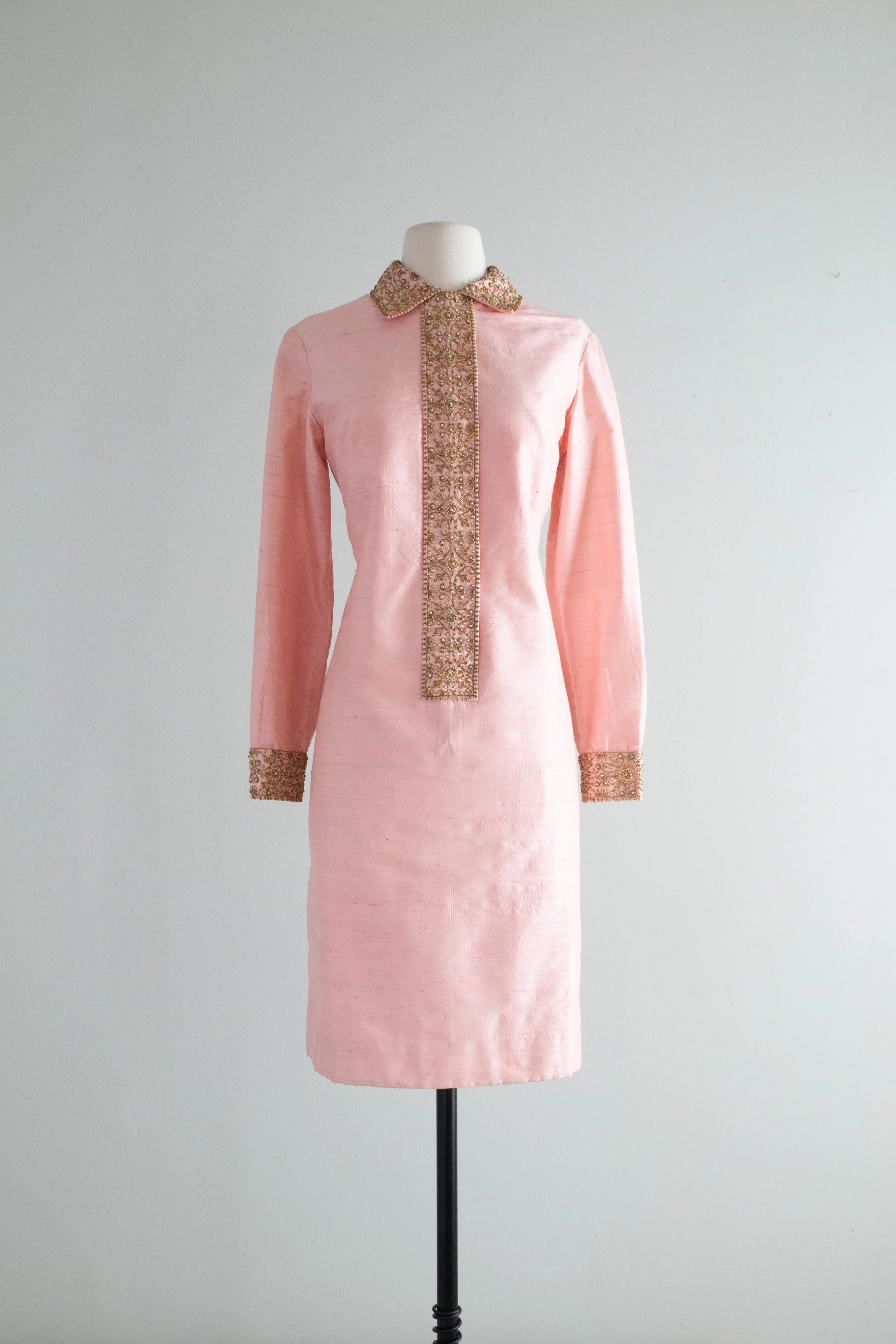 Chic 1960's Indian Silk Beaded Shift Dress In Pink / ML