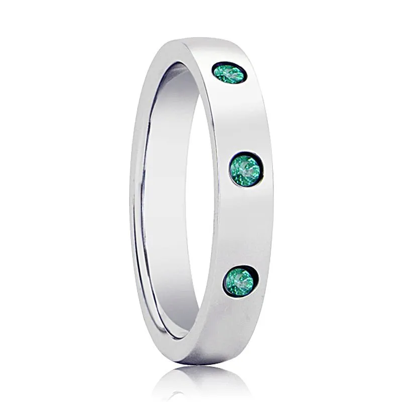 CHLOE | Womens Silver Tungsten Ring, 3 Green Emeralds, Domed