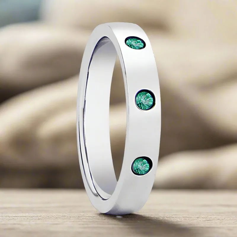 CHLOE | Womens Silver Tungsten Ring, 3 Green Emeralds, Domed