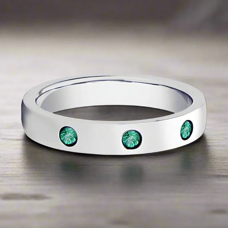 CHLOE | Womens Silver Tungsten Ring, 3 Green Emeralds, Domed