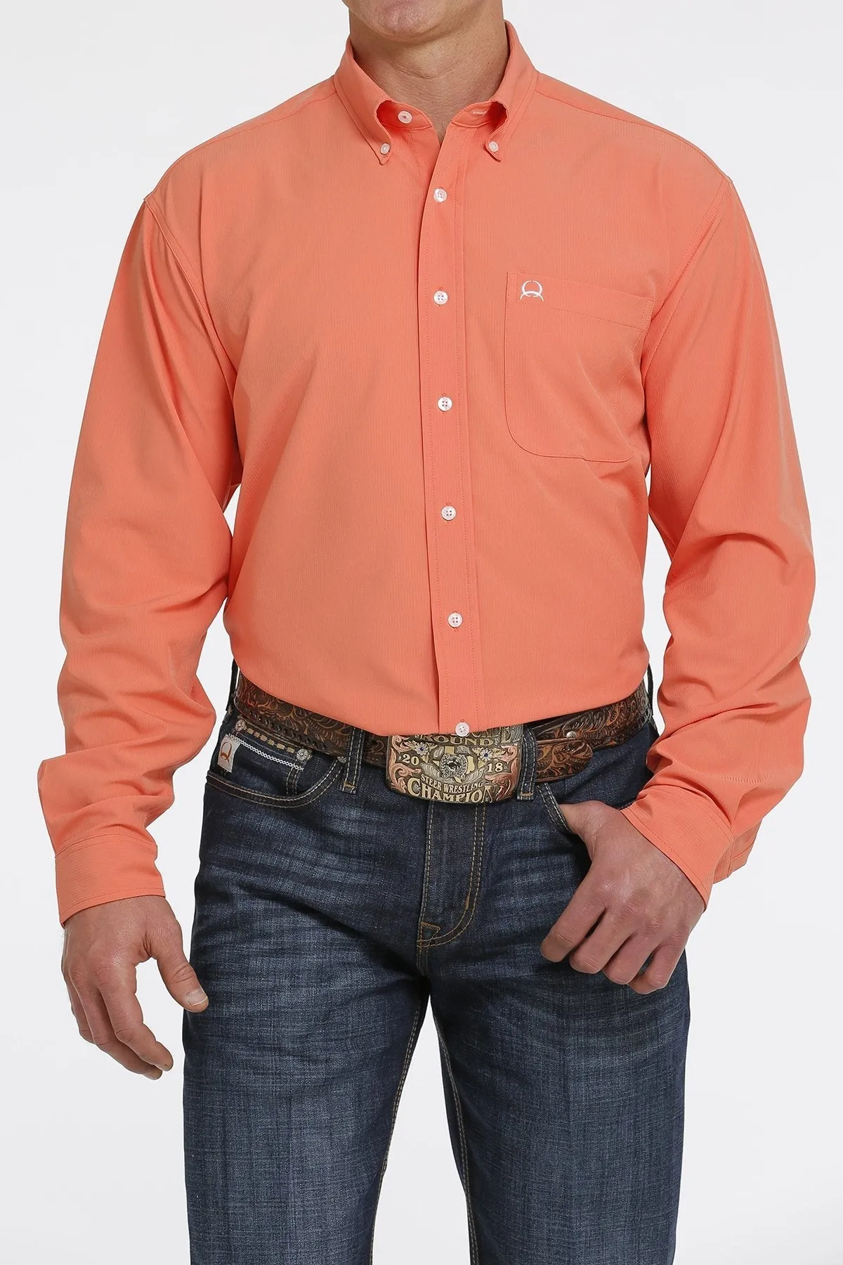 CINCH MEN'S SOLID LONG SLEEVE ARENAFLEX BUTTON-DOWN SHIRT CORAL STYLE MTW1862015