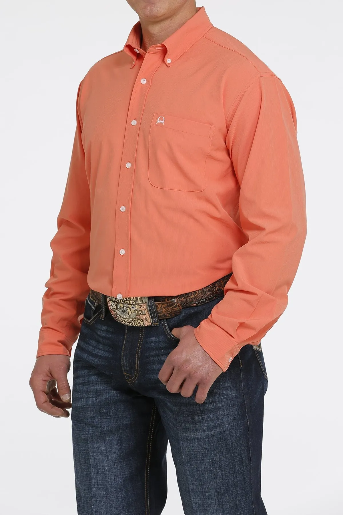 CINCH MEN'S SOLID LONG SLEEVE ARENAFLEX BUTTON-DOWN SHIRT CORAL STYLE MTW1862015