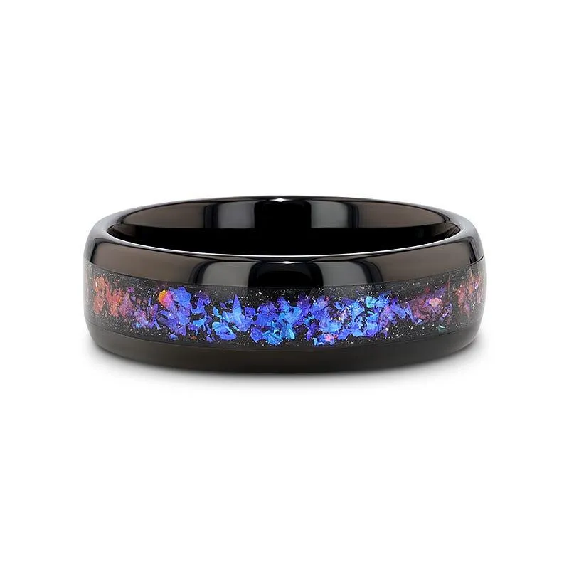 COSMIC | Black Tungsten Ring, Crushed Alexandrite, Goldstone Inlay, Domed