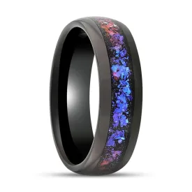 COSMIC | Black Tungsten Ring, Crushed Alexandrite, Goldstone Inlay, Domed