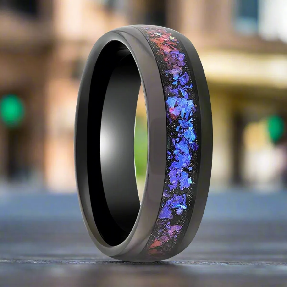 COSMIC | Black Tungsten Ring, Crushed Alexandrite, Goldstone Inlay, Domed