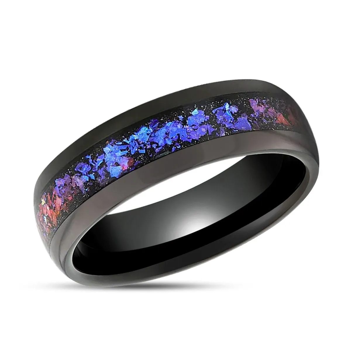 COSMIC | Black Tungsten Ring, Crushed Alexandrite, Goldstone Inlay, Domed