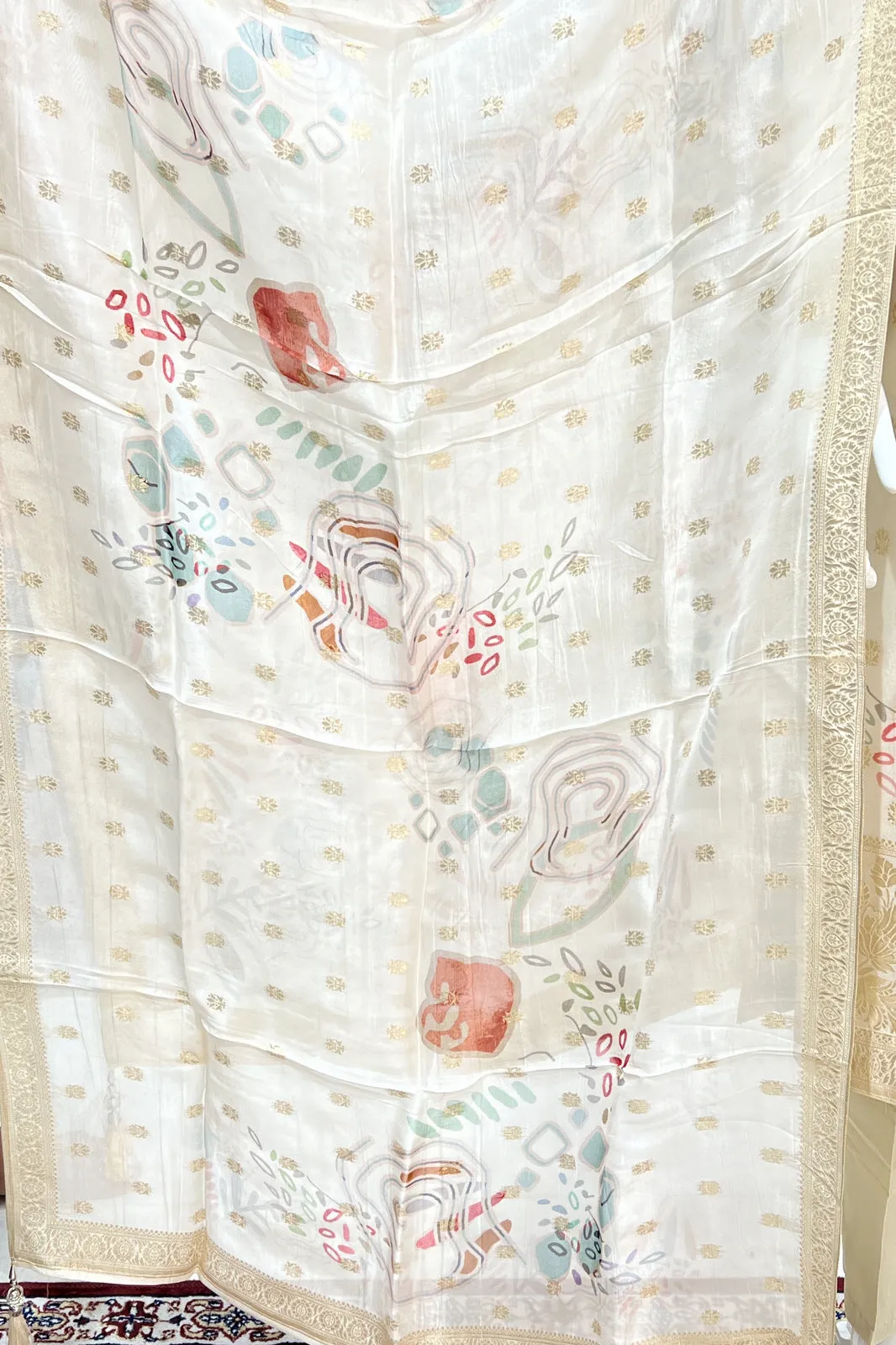 Cream Banaras, Zardozi and Beads work Organza Straight Cut Salwar Suit