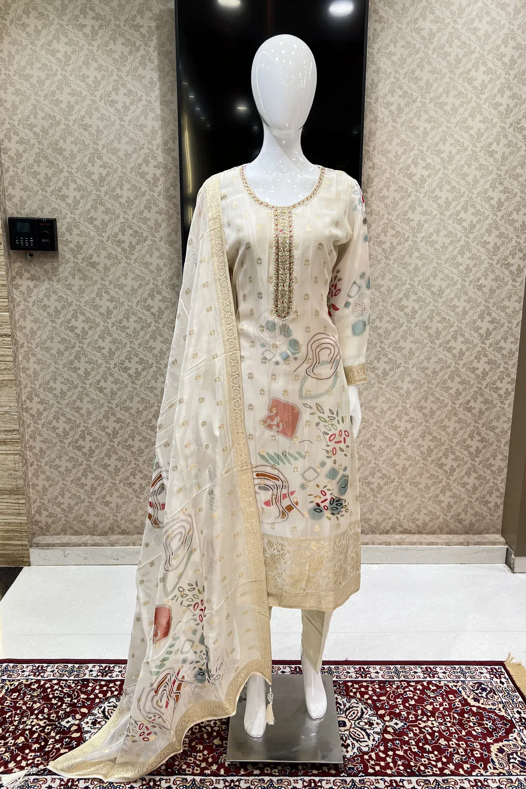 Cream Banaras, Zardozi and Beads work Organza Straight Cut Salwar Suit