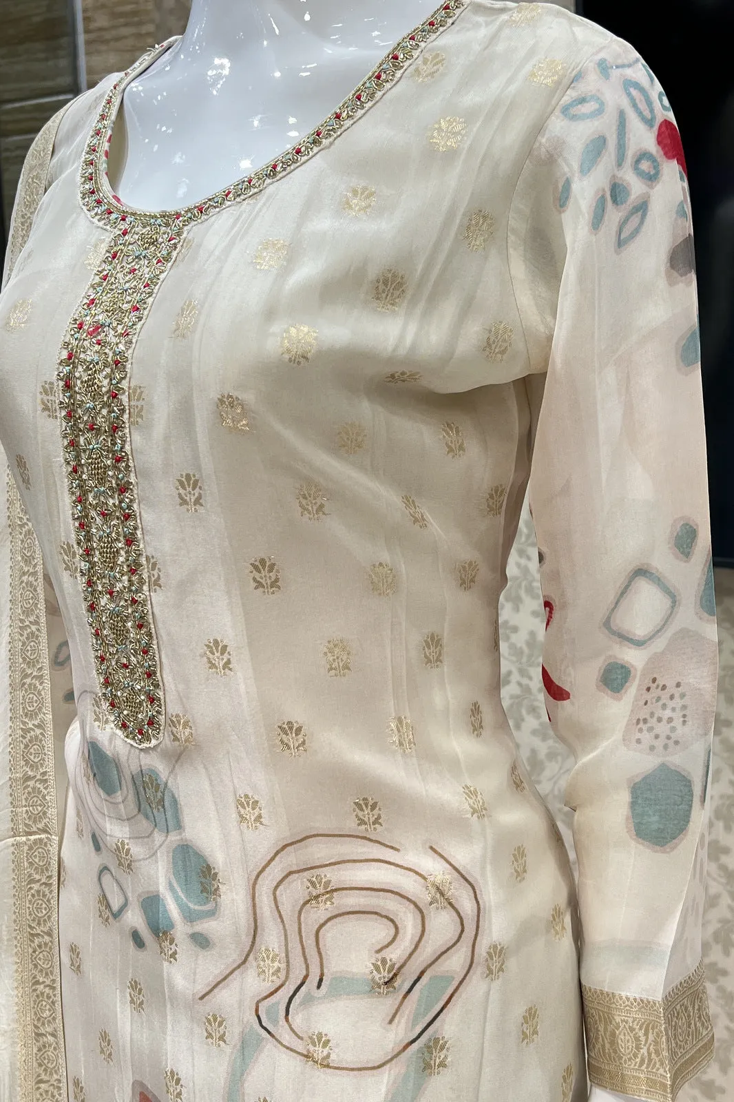 Cream Banaras, Zardozi and Beads work Organza Straight Cut Salwar Suit