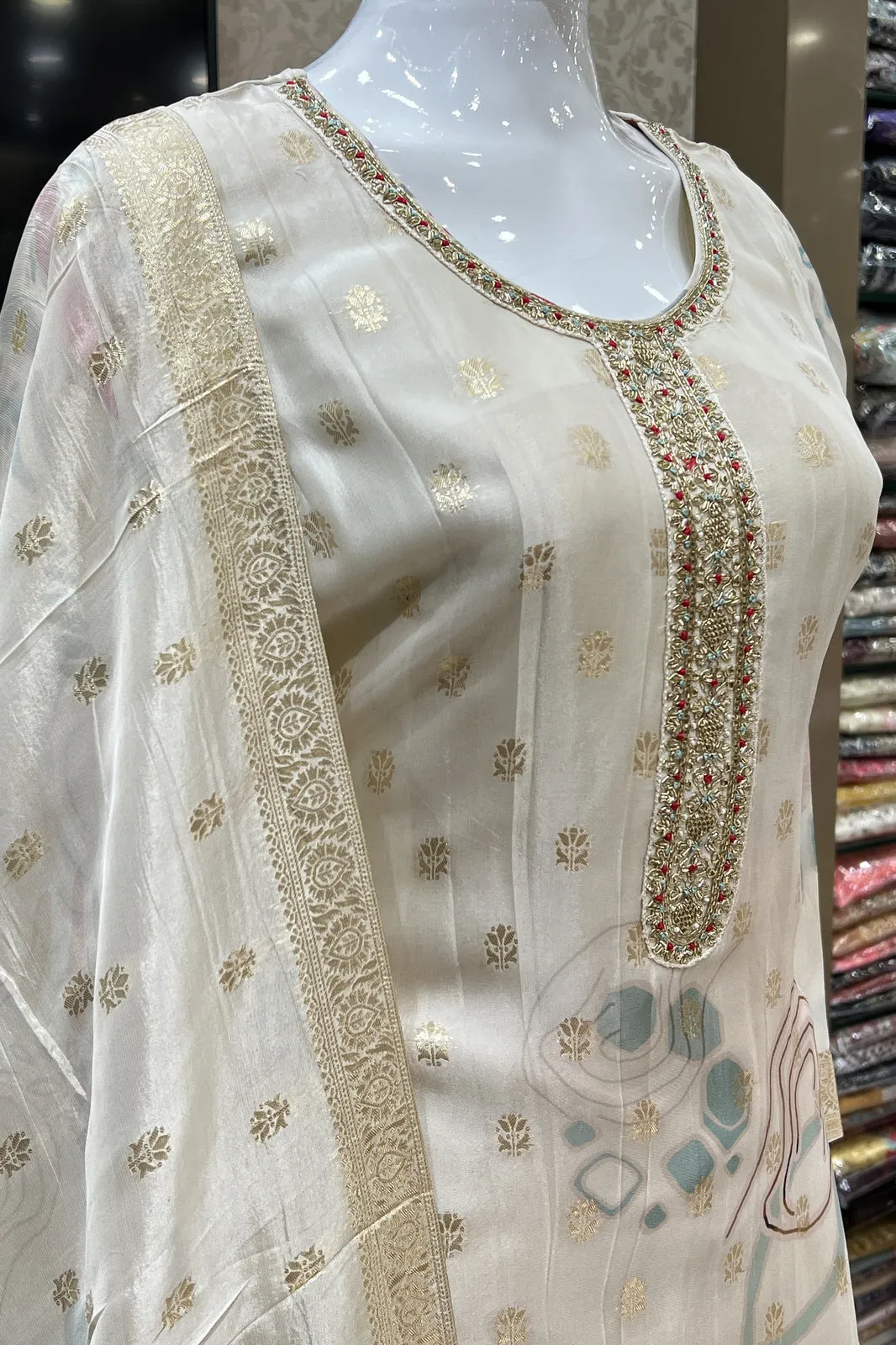 Cream Banaras, Zardozi and Beads work Organza Straight Cut Salwar Suit