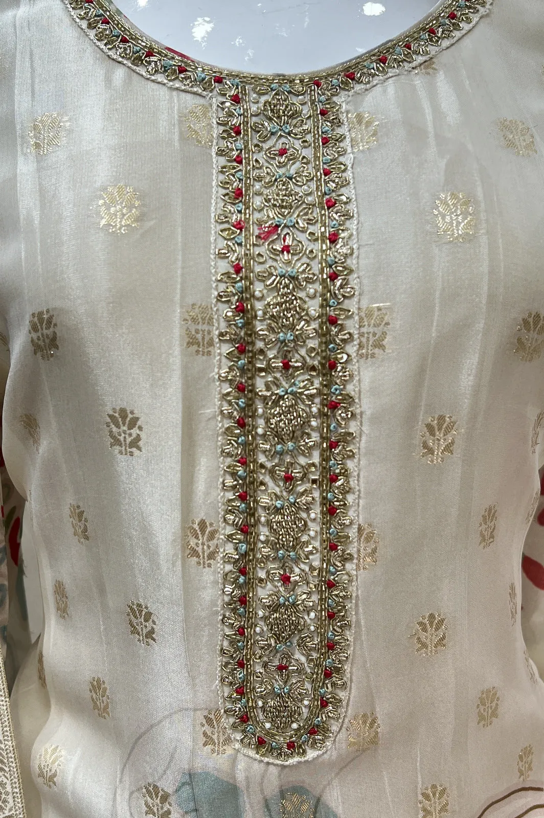 Cream Banaras, Zardozi and Beads work Organza Straight Cut Salwar Suit