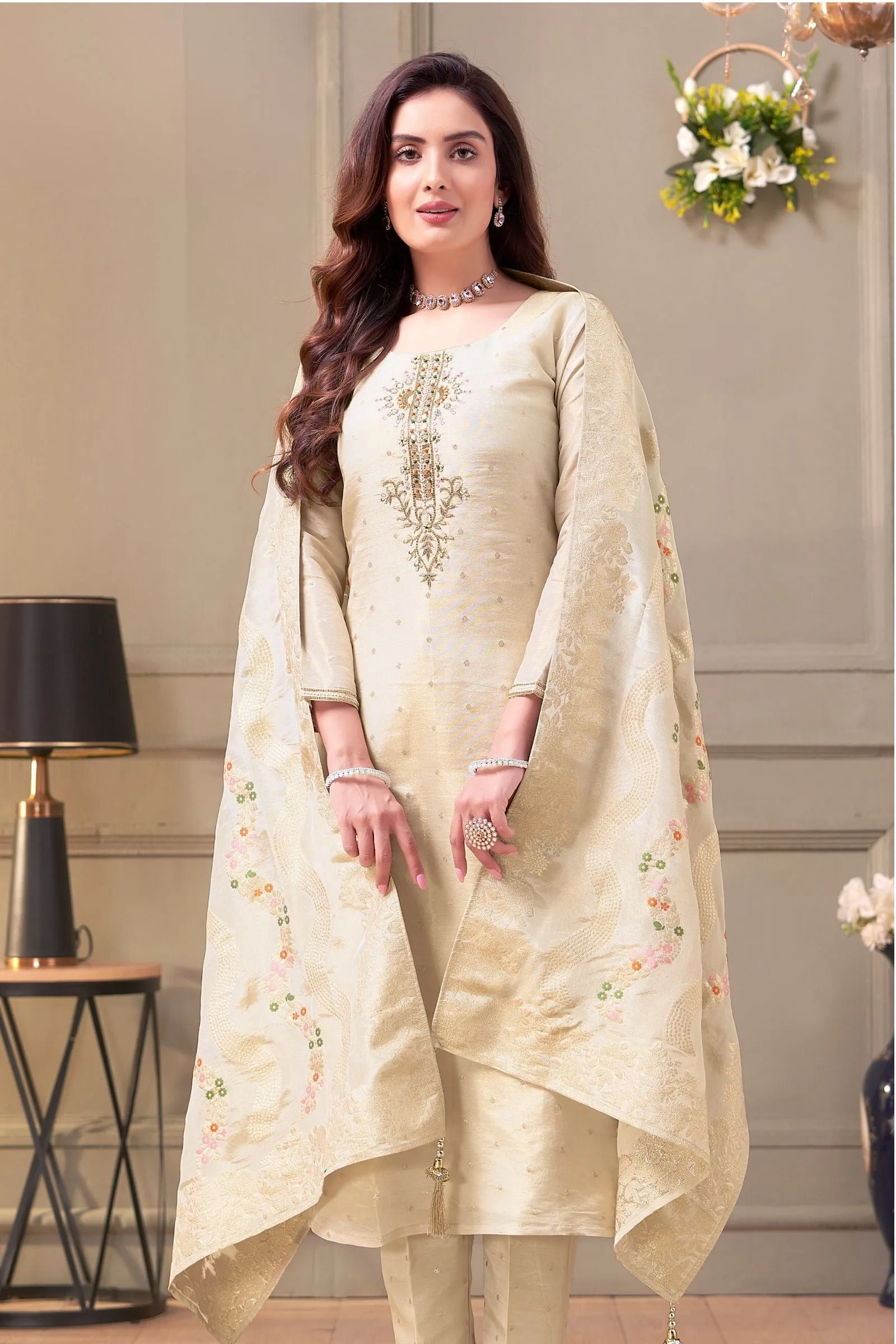 Cream Mirror, Sequins and Pearl work with Banaras Zari Weaving Straight Cut Salwar Suit