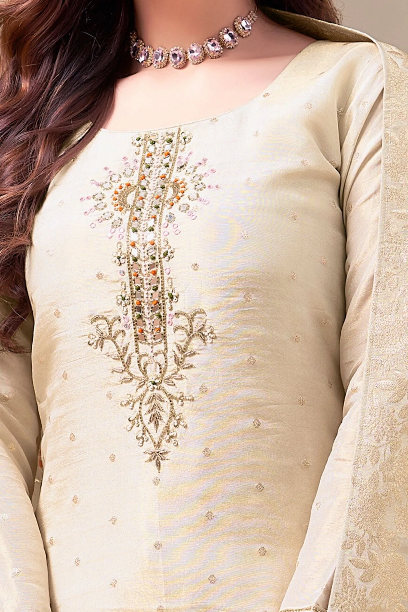 Cream Mirror, Sequins and Pearl work with Banaras Zari Weaving Straight Cut Salwar Suit