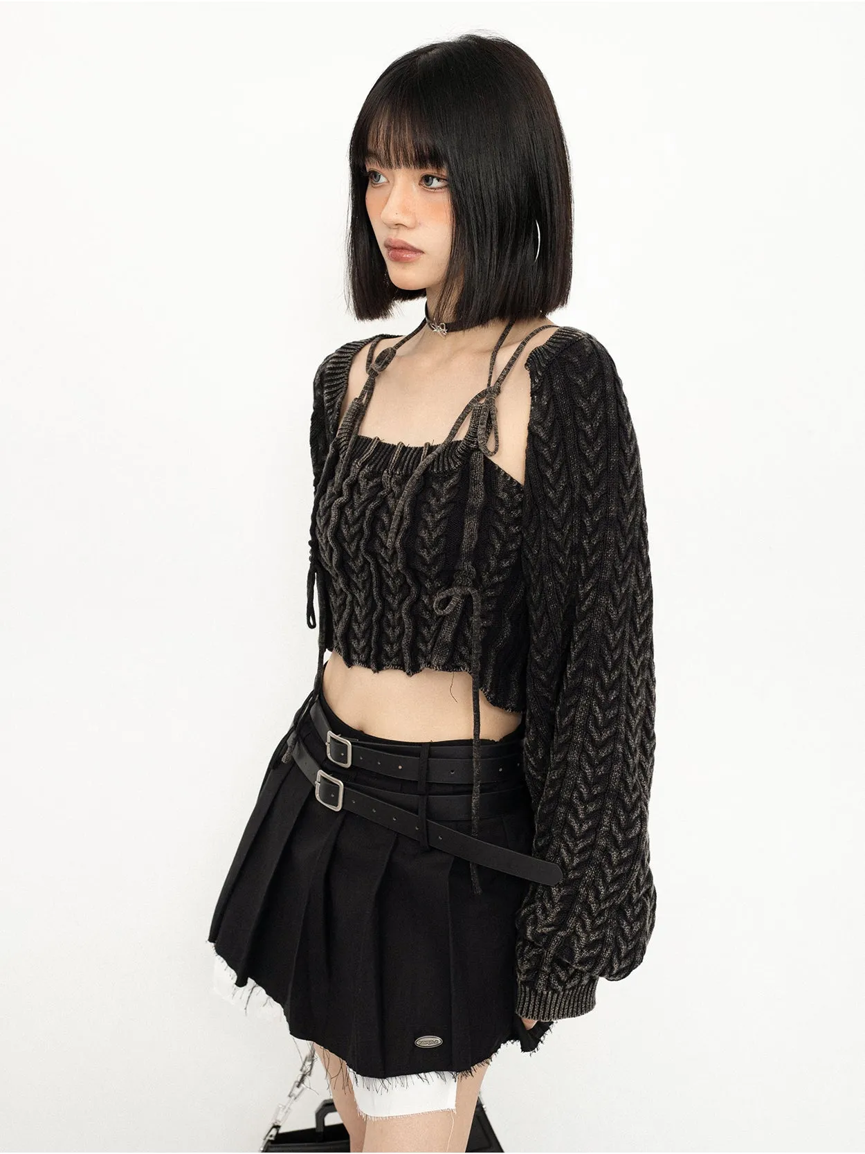 Cropped Knit String Strap and Shrug