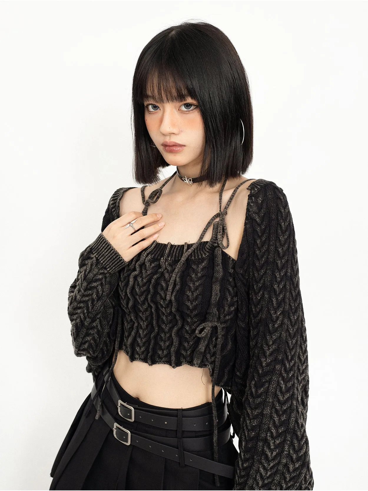 Cropped Knit String Strap and Shrug