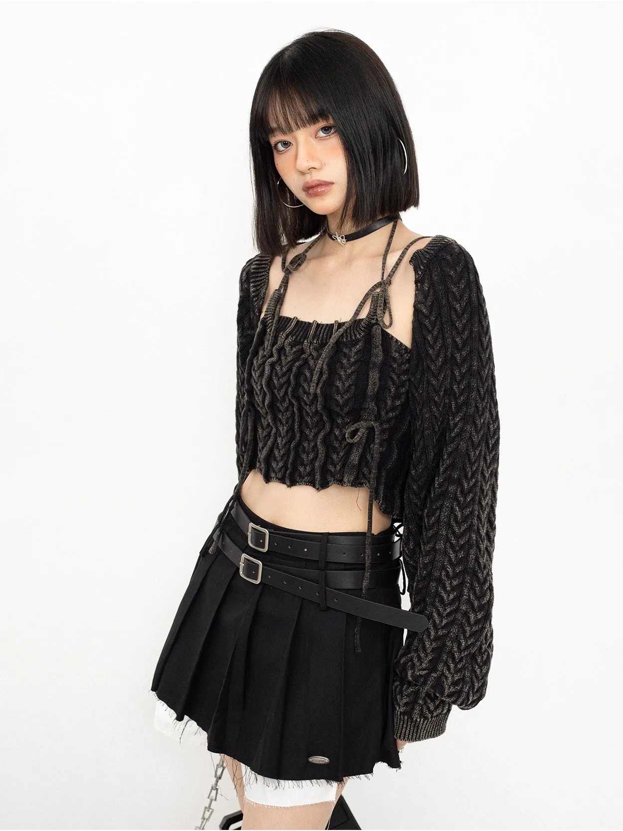 Cropped Knit String Strap and Shrug