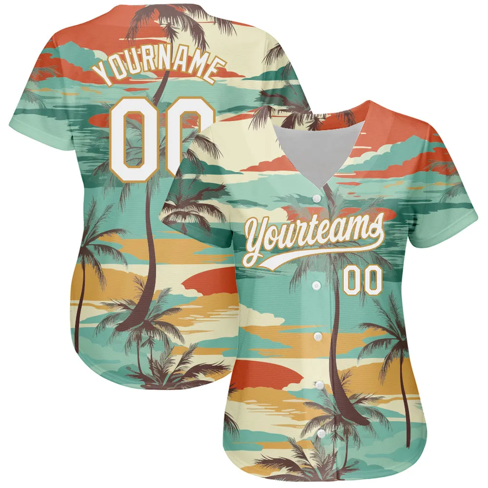 Custom Aqua White-Old Gold 3D Pattern Design Cartoon Hawaii Palm Trees Authentic Baseball Jersey