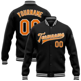 Custom Black Bay Orange-White Bomber Full-Snap Varsity Letterman Jacket