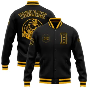 Custom Black Black-Gold Bomber Full-Snap Varsity Letterman Jacket