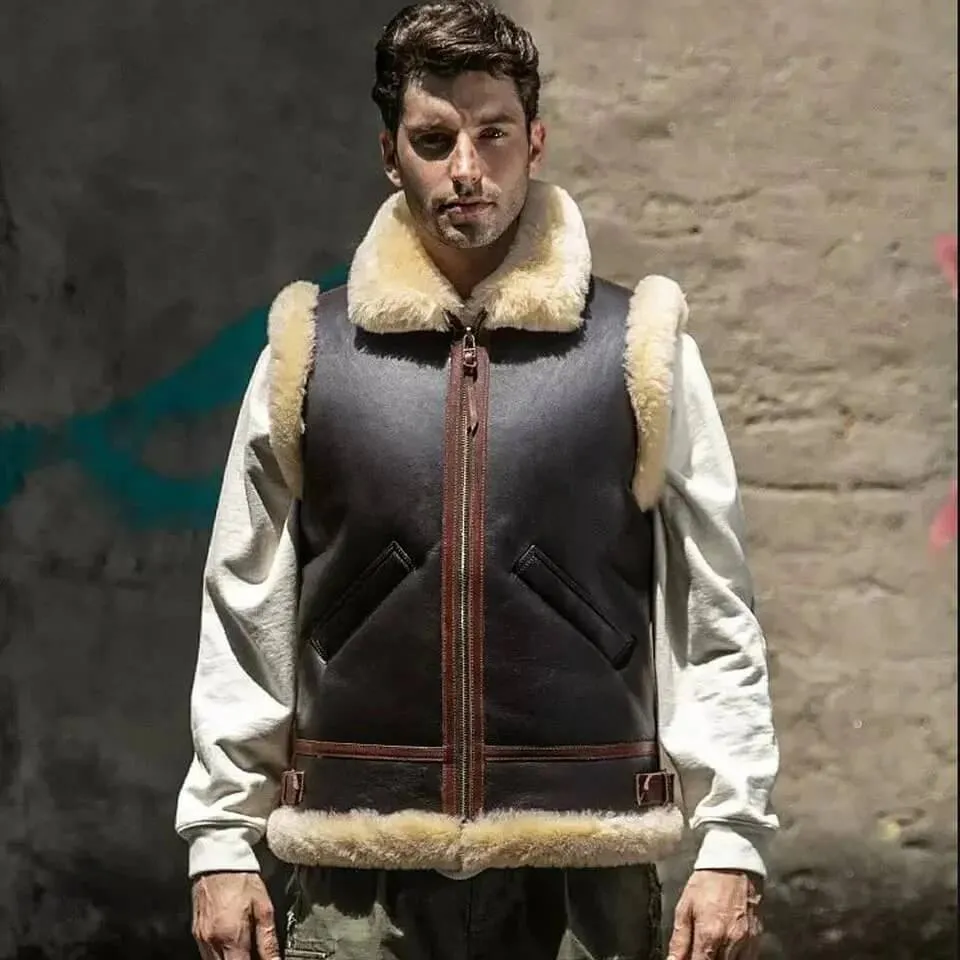 Dark Brown Shearling Leather Vest for Men