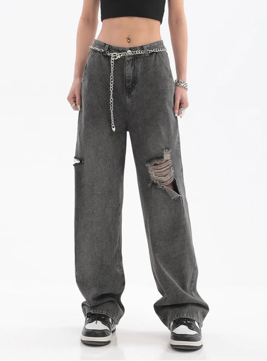 Distressed Faded Jeans with Chain Belt