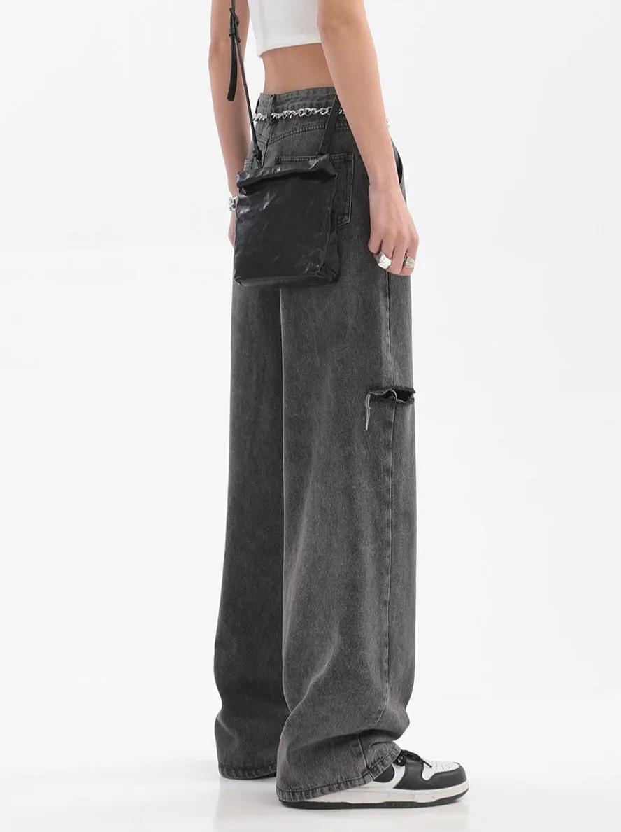 Distressed Faded Jeans with Chain Belt