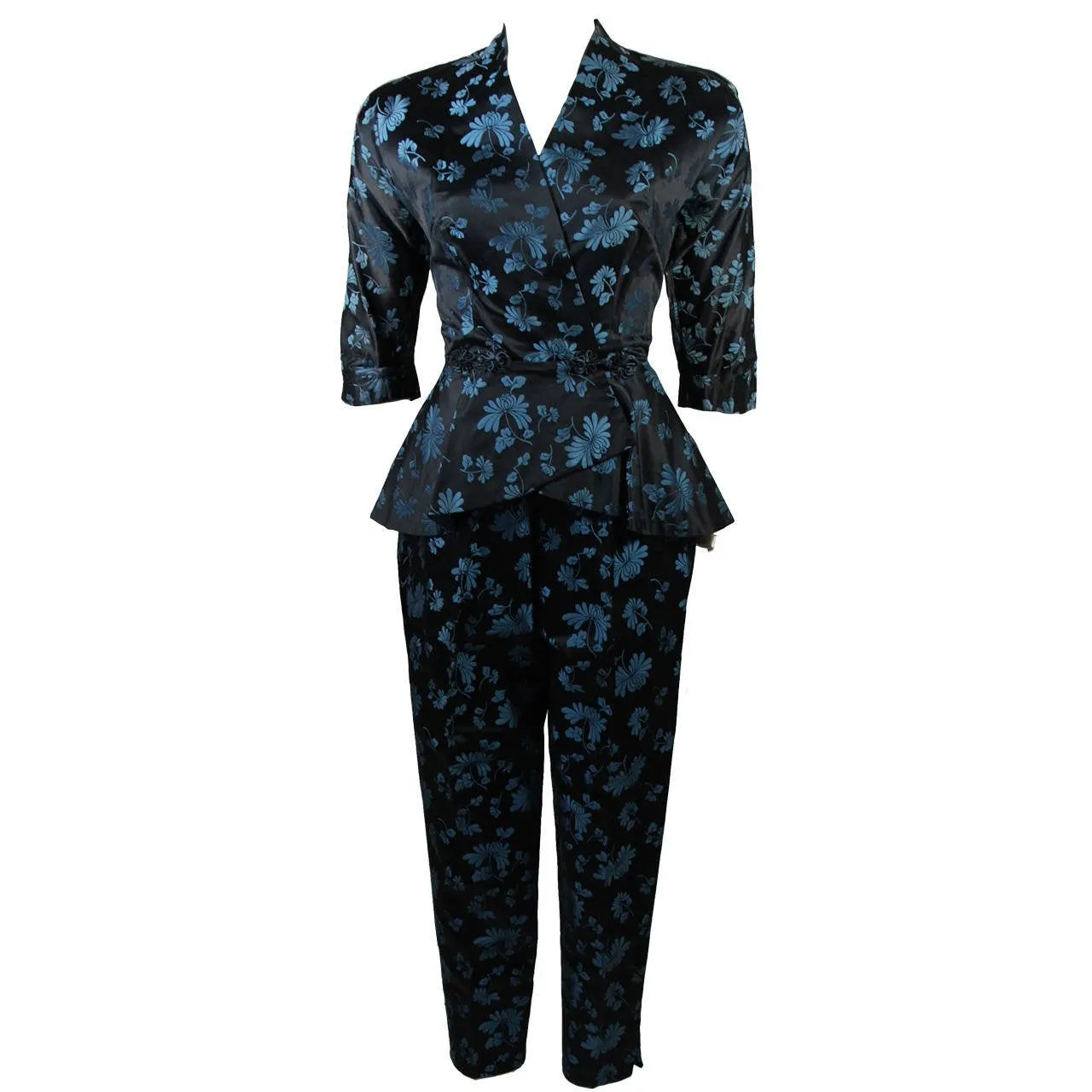 DYNASTY Asian Inspired Black and Blue Floral Pant Suit Sz 0-2