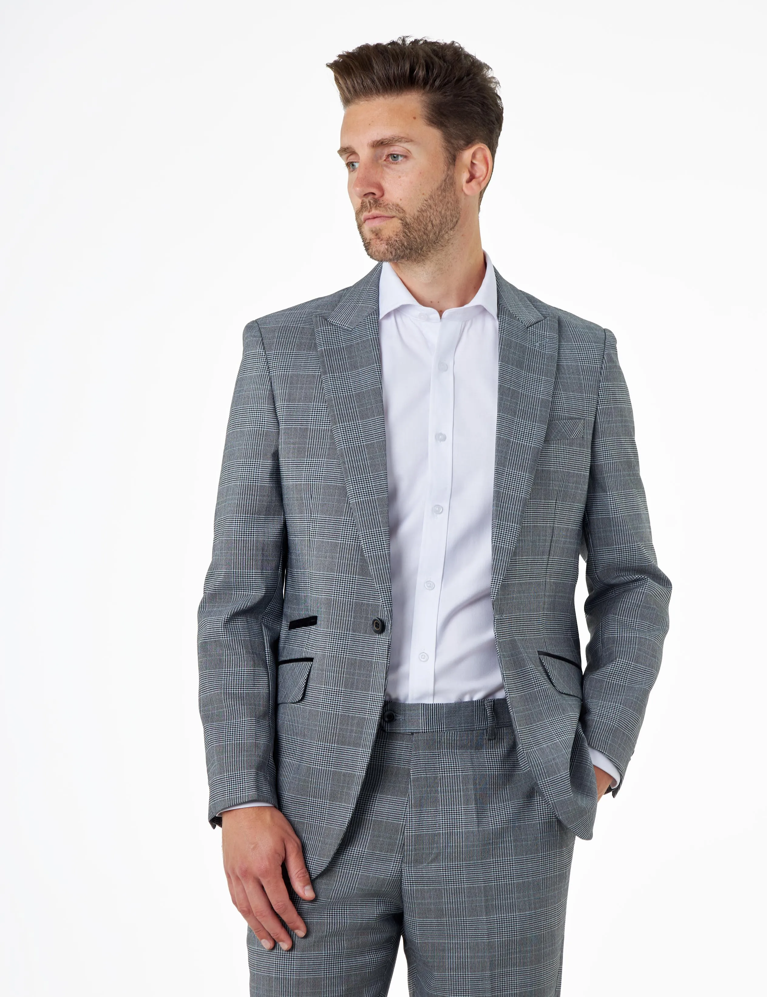 EKON - Grey Prince of Wales Check Suit Tailored Fit