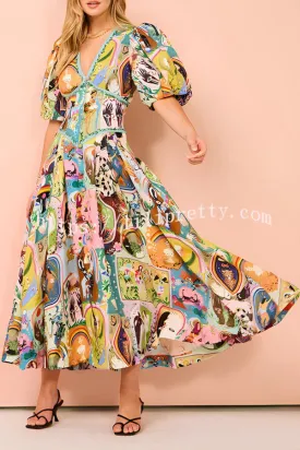 Exquisite Unique Printed V Neck Puff Sleeve Maxi Dress