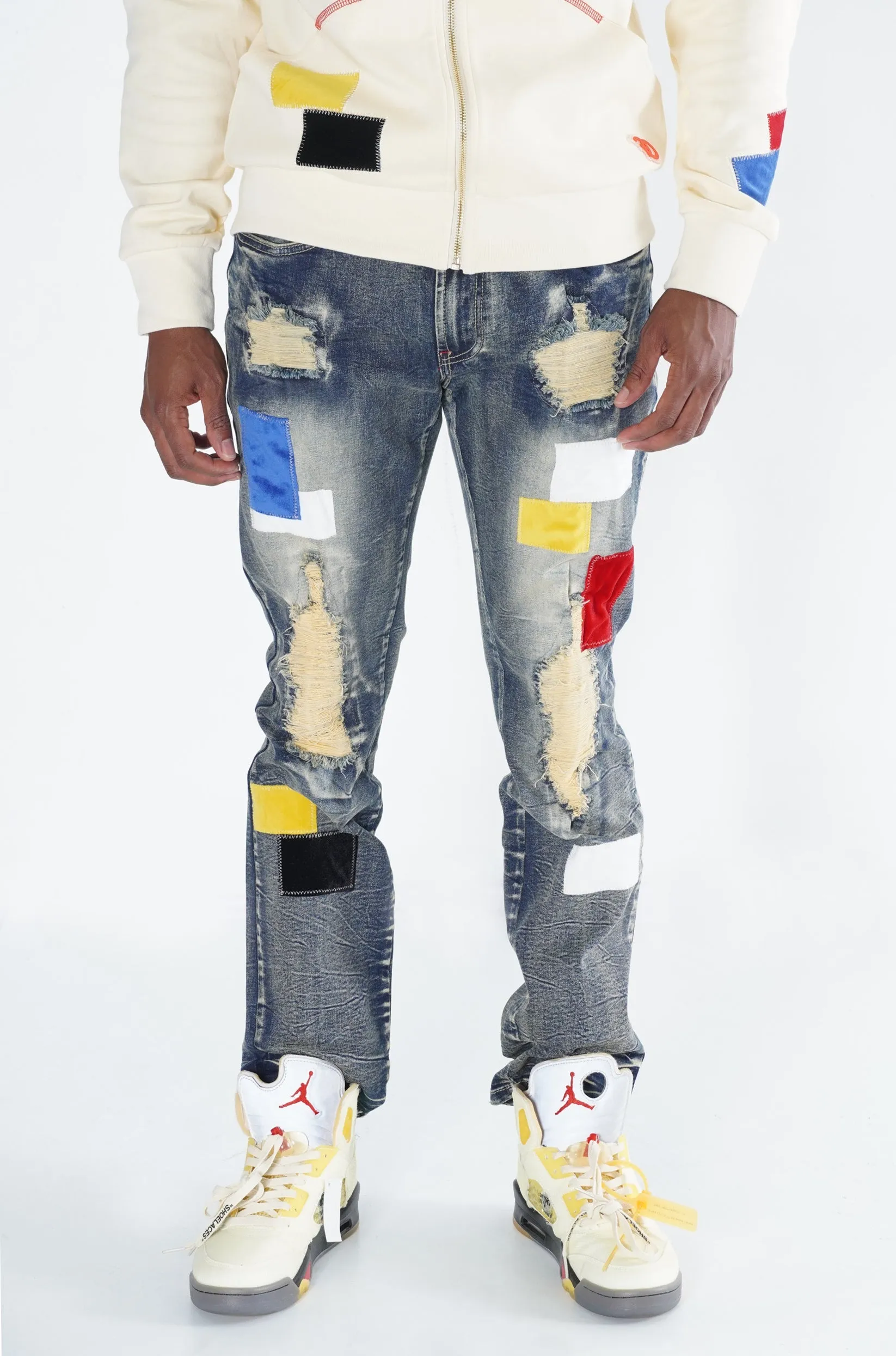 F1715 Frost Patchwork Denim Shredded Jeans  - Dirt