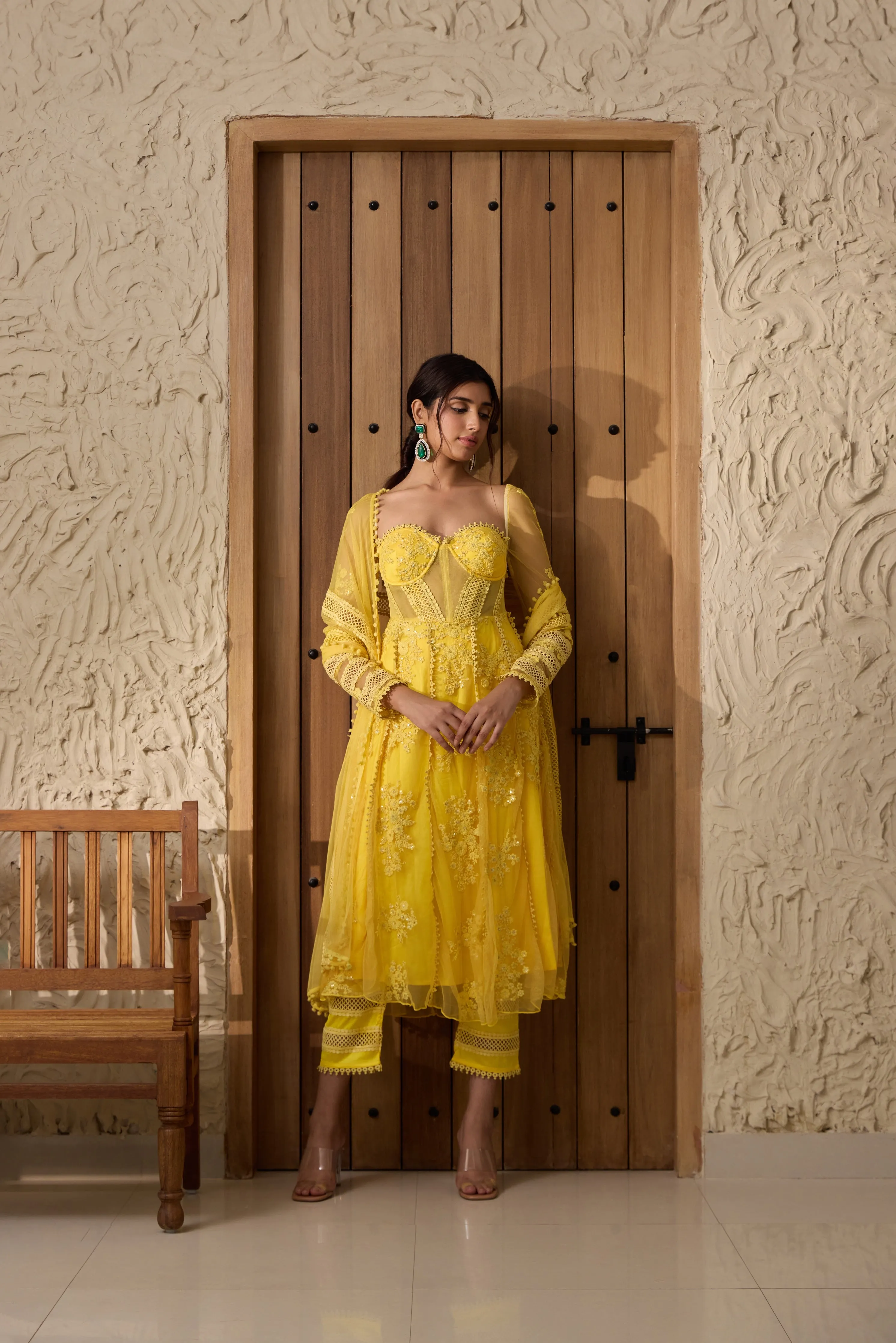 Fariha Yellow Embroidered Corset Anarkali Suit Set