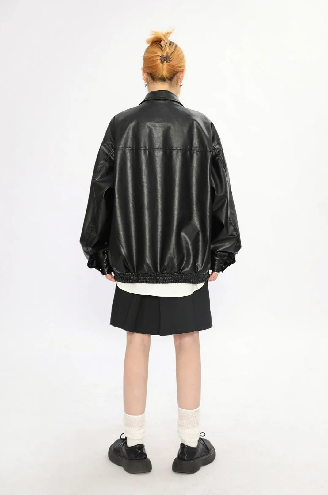 Fold Over Collar Faux Leather Jacket