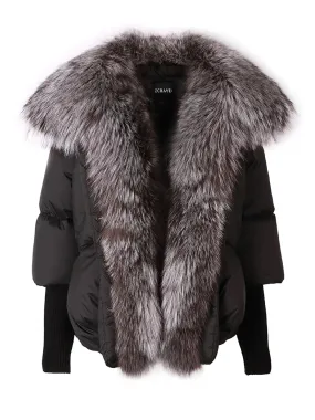 Fur Trim Puffer Jacket in Black & Gray