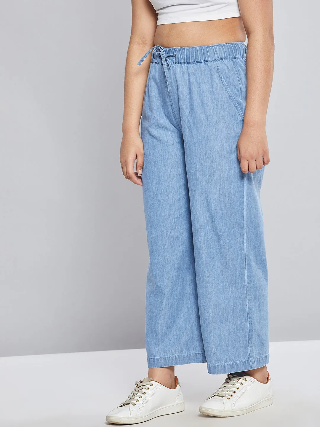 Girls Blue Tencel Wide Leg Drawstring Pants