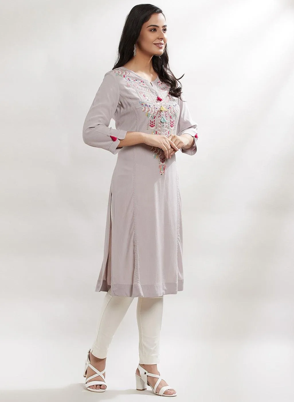 Glacier Grey Bahaar Embroidered Kurti With Tassels