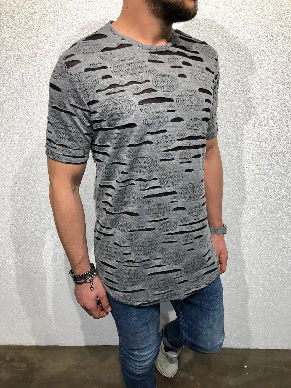 Gray Shredded Oversized T-Shirt B51 Streetwear T-Shirts