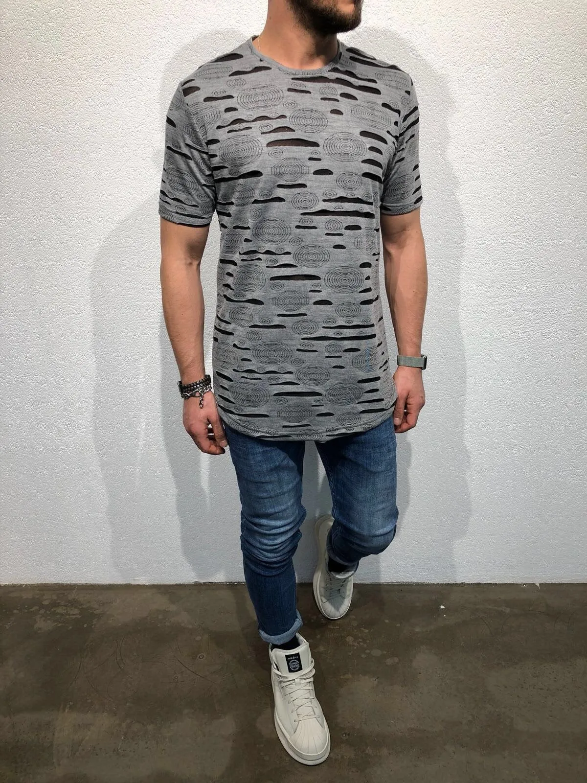 Gray Shredded Oversized T-Shirt B51 Streetwear T-Shirts