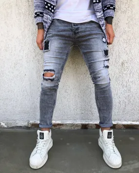 Gray Washed Patch Distressed Skinny Fit Denim B269 Streetwear Jeans