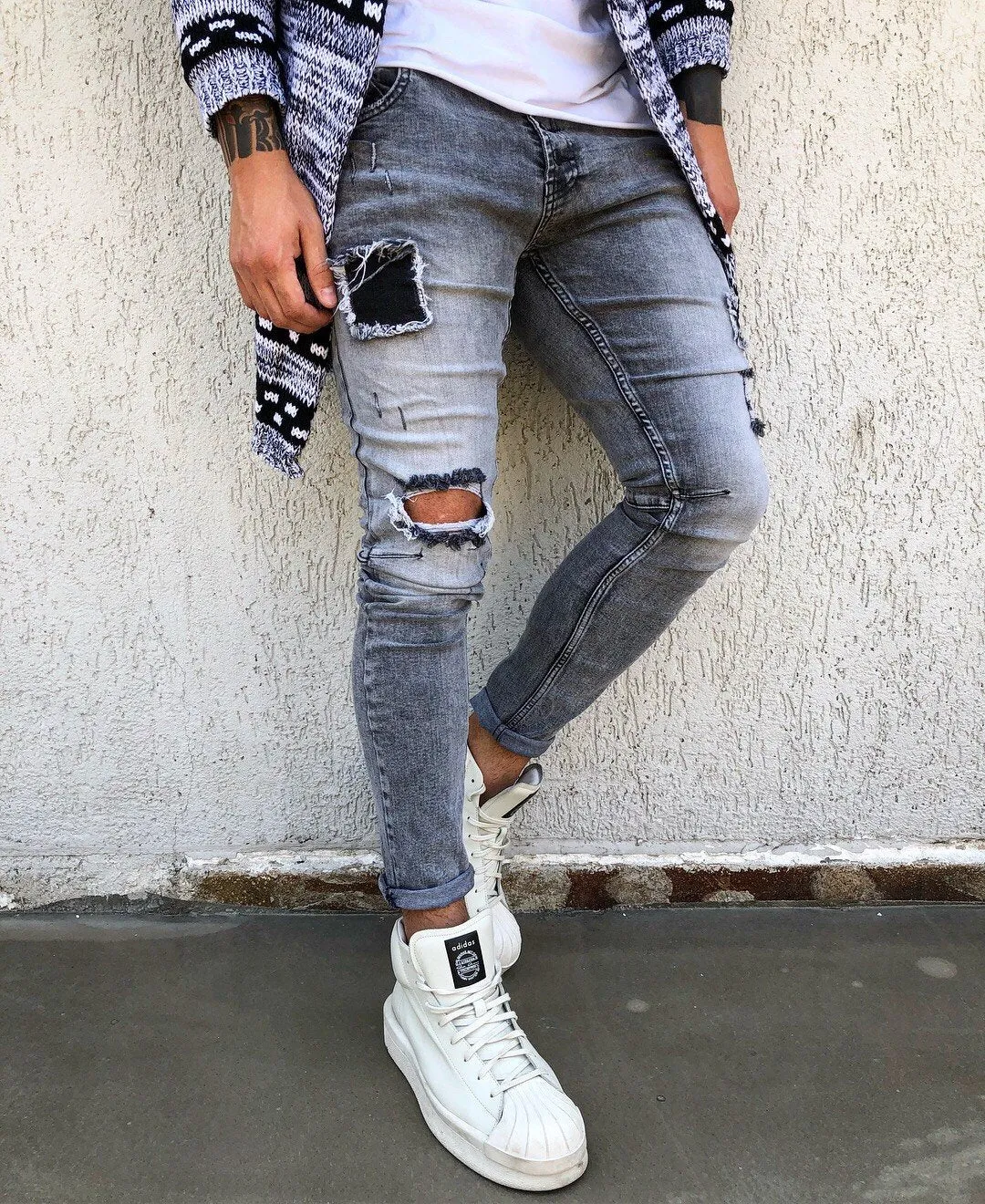 Gray Washed Patch Distressed Skinny Fit Denim B269 Streetwear Jeans