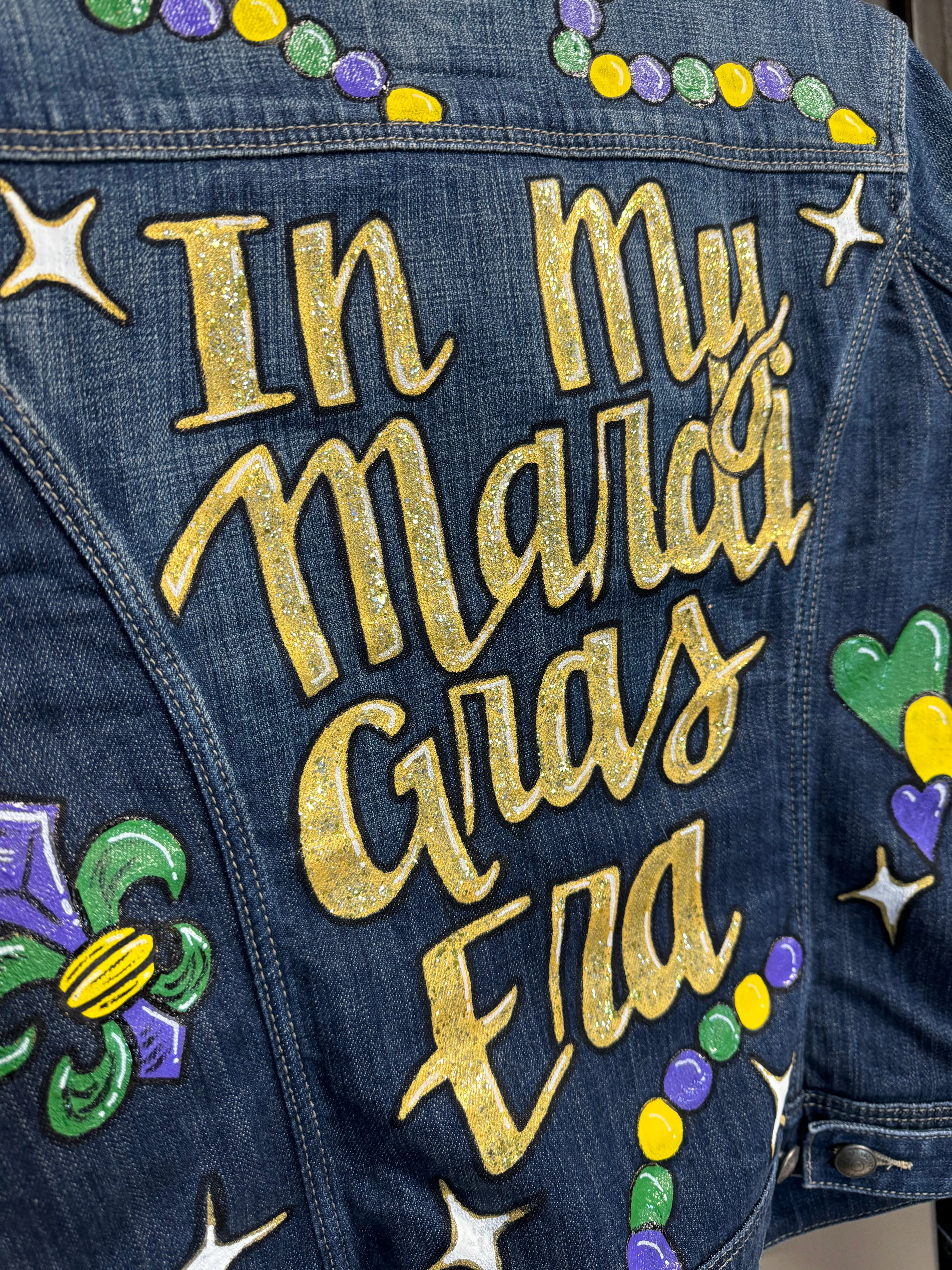 Hand Painted Mardi Gras Jean Jacket - Mardi Gras, Mardi Gras Jacket, New Orleans, Purple Green Gold, Mardi Gras, Parade Outfit, Glitter