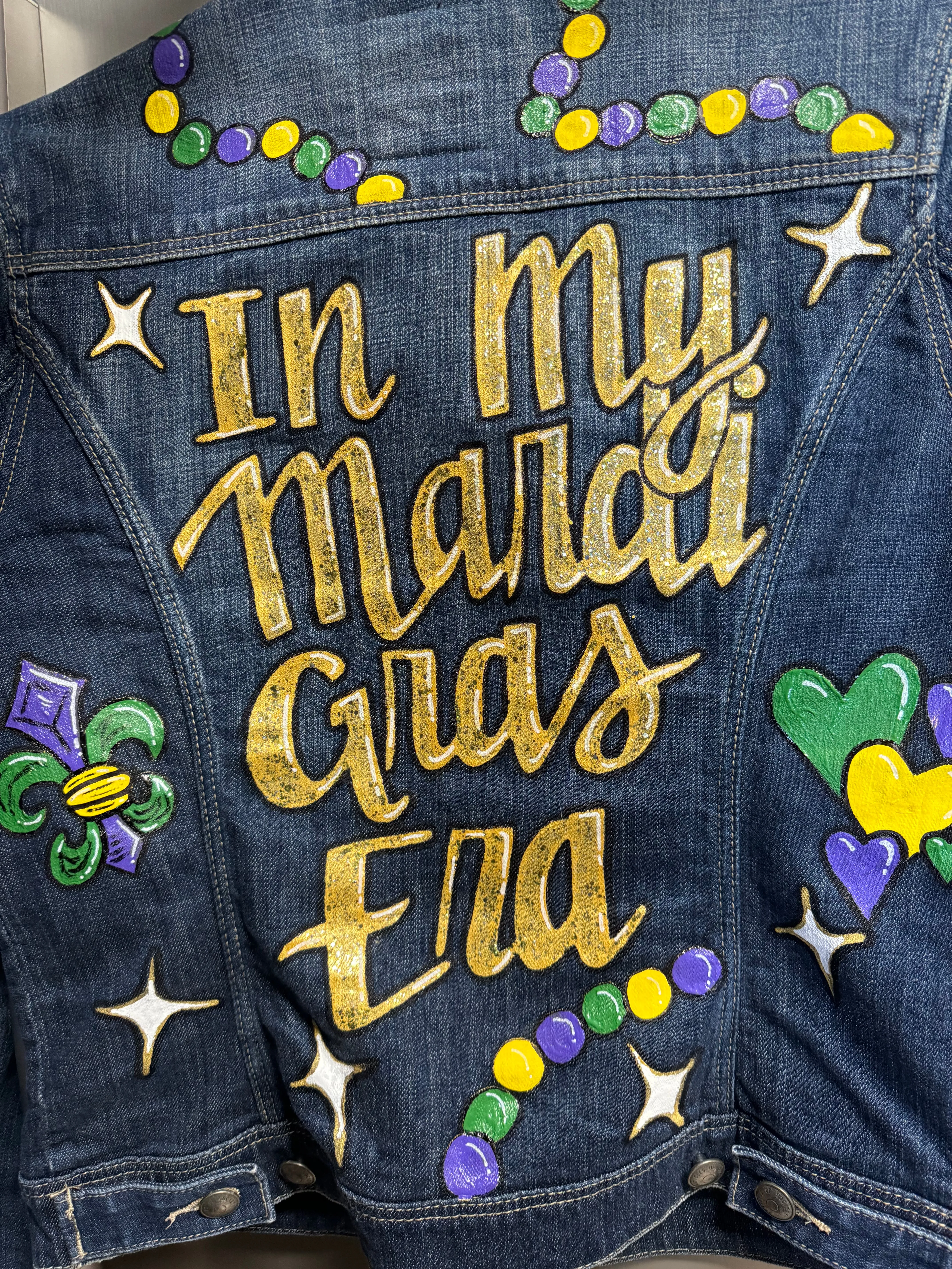 Hand Painted Mardi Gras Jean Jacket - Mardi Gras, Mardi Gras Jacket, New Orleans, Purple Green Gold, Mardi Gras, Parade Outfit, Glitter