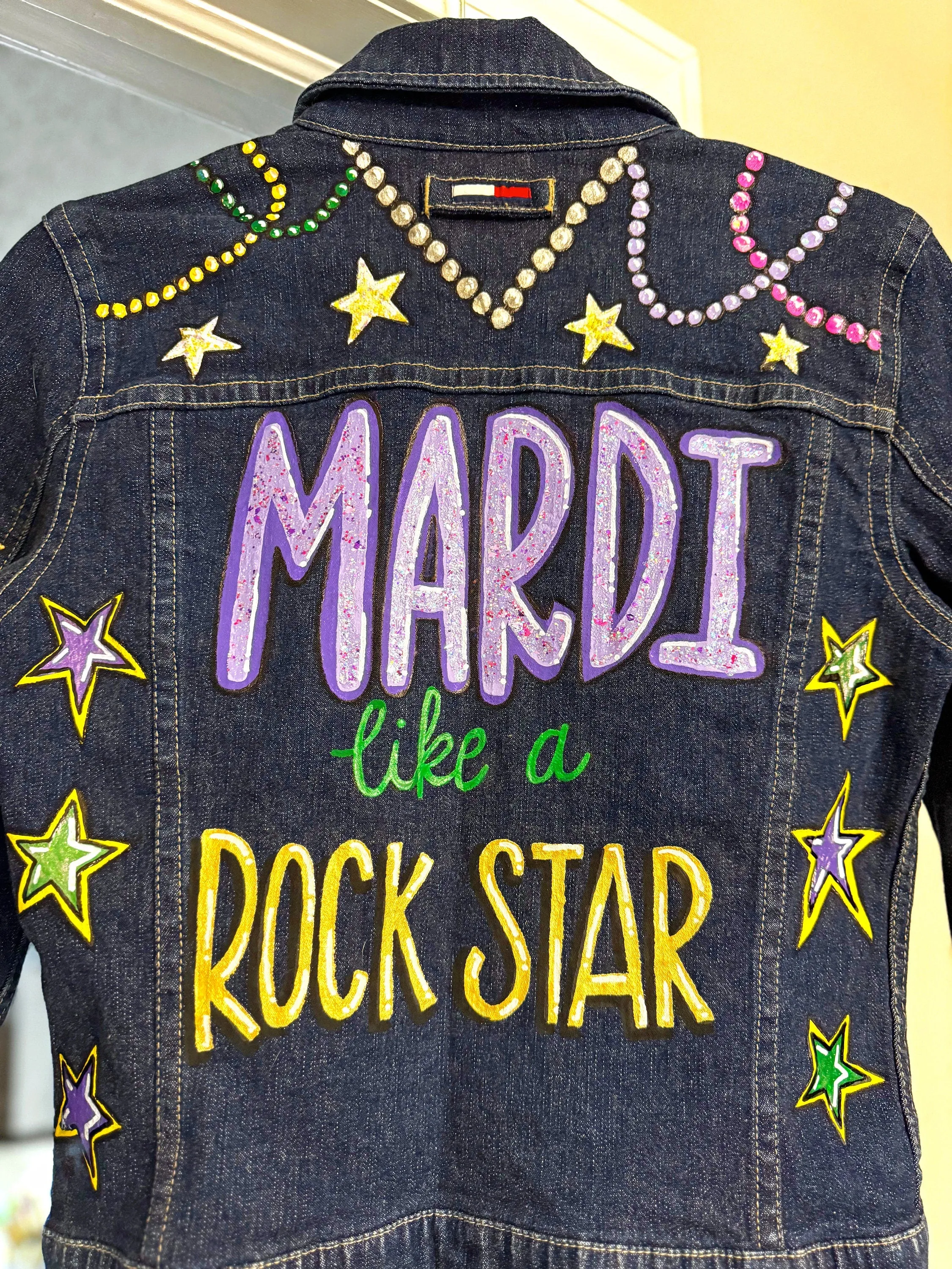 Hand Painted Mardi Gras Jean Jacket - Mardi Gras, Mardi Gras Jacket, New Orleans, Purple Green Gold, Mardi Gras, Parade Outfit, Glitter