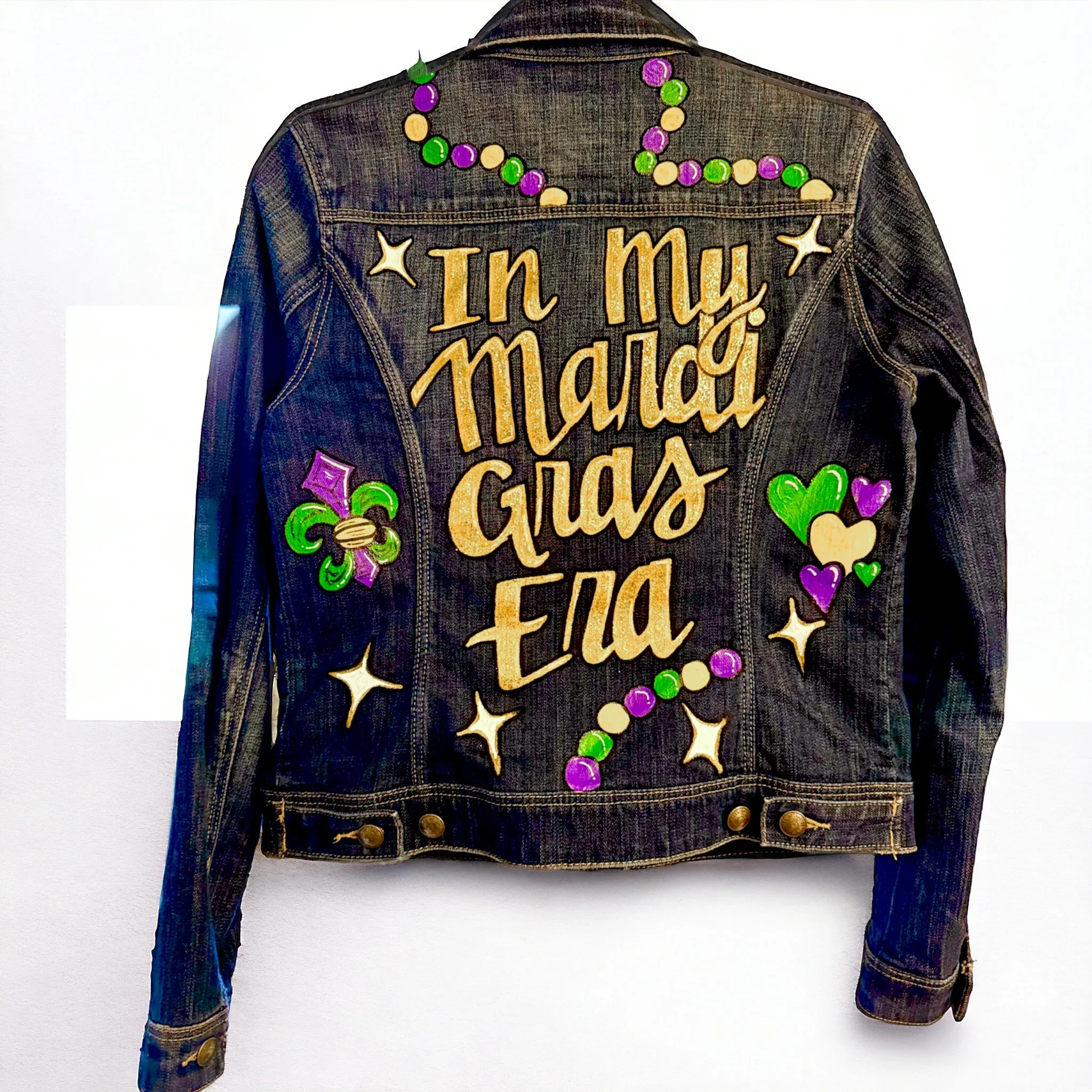 Hand Painted Mardi Gras Jean Jacket - Mardi Gras, Mardi Gras Jacket, New Orleans, Purple Green Gold, Mardi Gras, Parade Outfit, Glitter