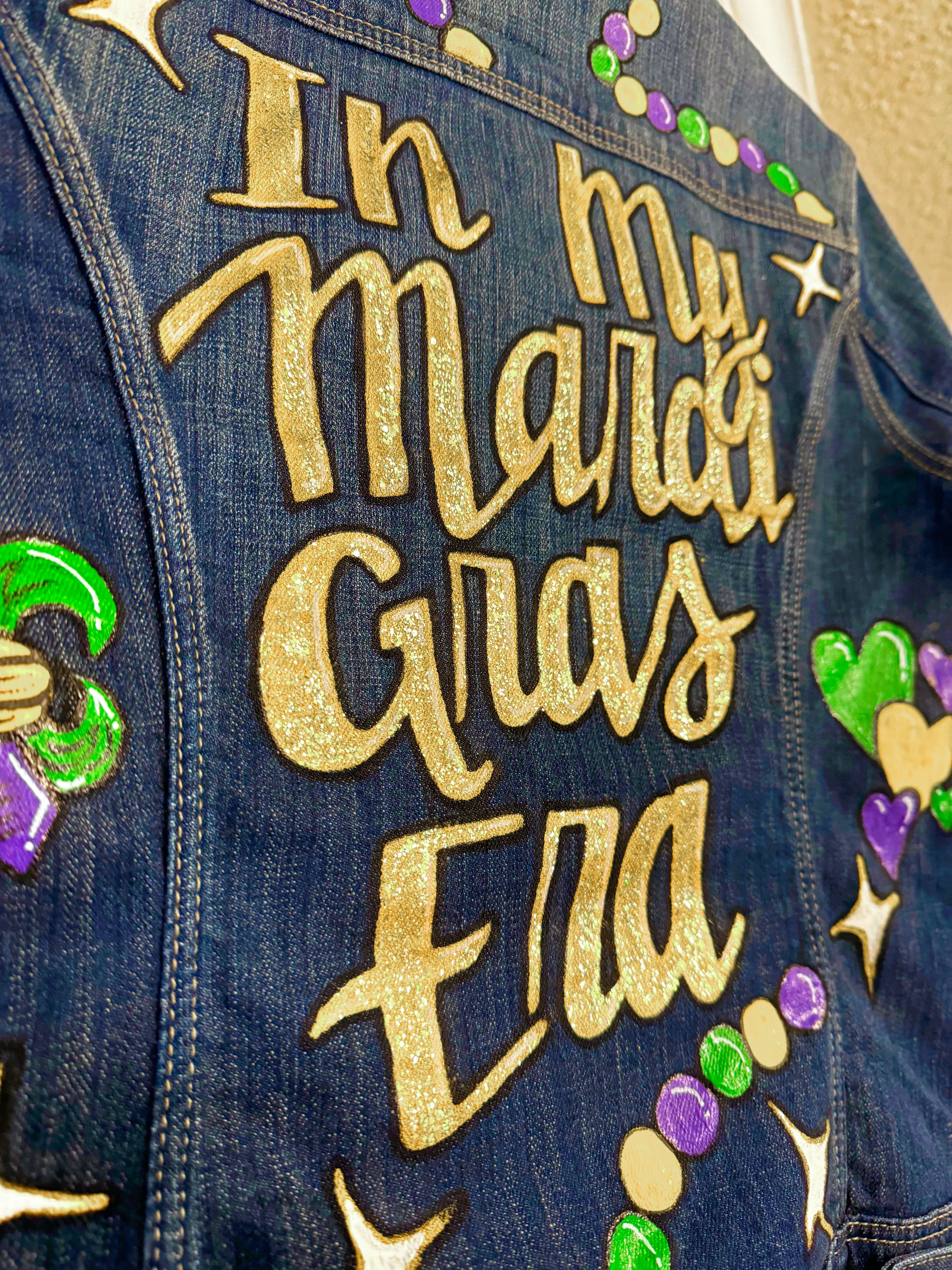 Hand Painted Mardi Gras Jean Jacket - Mardi Gras, Mardi Gras Jacket, New Orleans, Purple Green Gold, Mardi Gras, Parade Outfit, Glitter