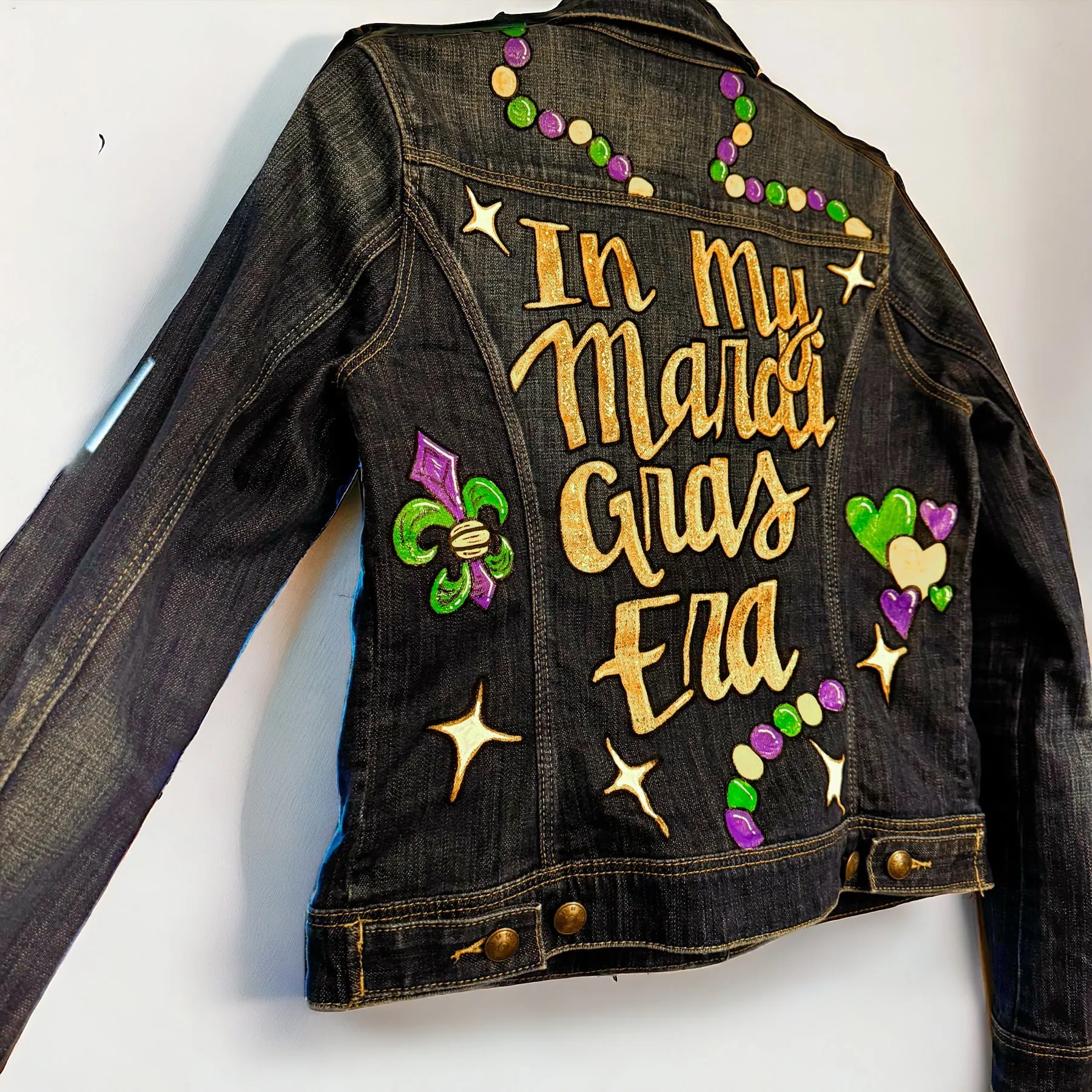 Hand Painted Mardi Gras Jean Jacket - Mardi Gras, Mardi Gras Jacket, New Orleans, Purple Green Gold, Mardi Gras, Parade Outfit, Glitter